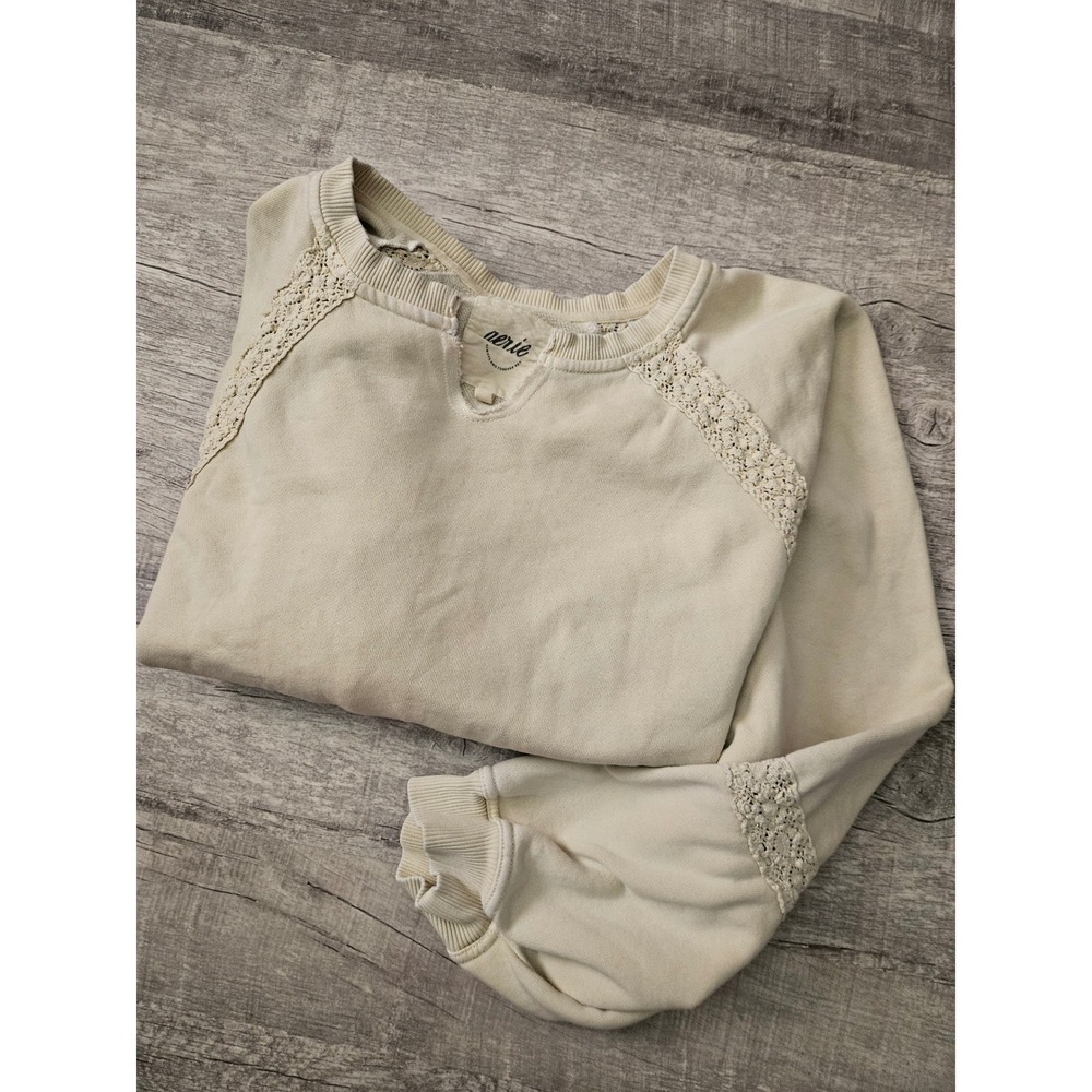 Aerie Crochet Trim Oversized Pullover Sweatshirt Oatmeal Cream Size XXL